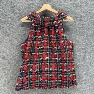 STS Blouse Women L Large Red Plaid Sleeveless Button Round Neck Lined Casual